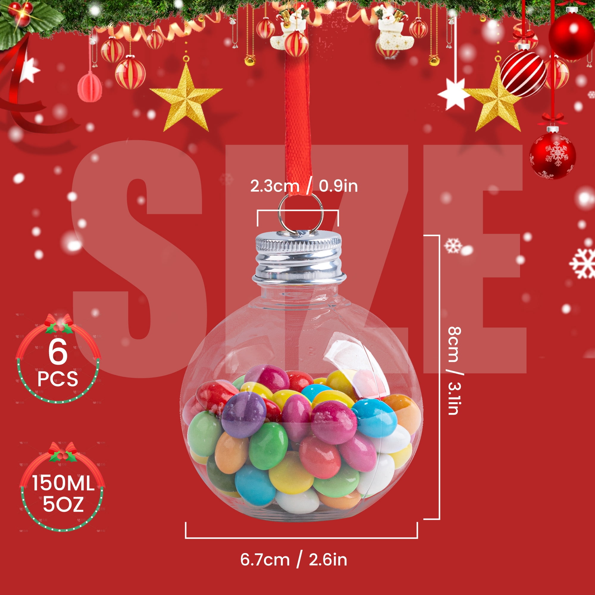 Fillable Christmas Ornament Balls for Drinks, 5 oz Plastic Bulb Ornaments, 6 Pack Hanging Tree Decor for Holiday Parties and Stocking Stuffers
