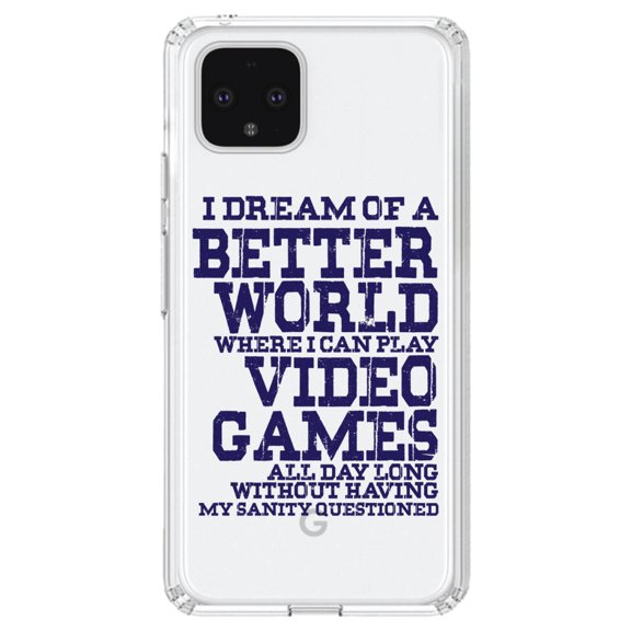 DistinctInk Clear Shockproof Hybrid Case for Google Pixel 4 (6.1" Screen) - TPU Bumper Acrylic Back Tempered Glass Screen Protector - Dream of Better World Play Video Games All Day