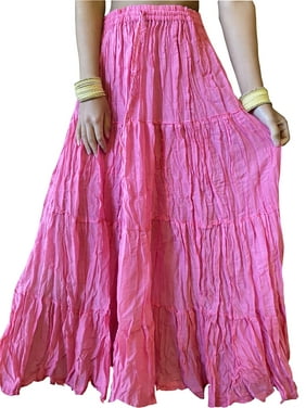 Mogul Women Maxi Long Skirt, Solid Pink Bohemian Summer Skirt Tiered Cotton Summer Gypsy Skirts M