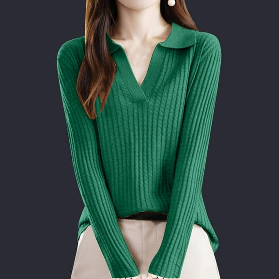 Pincandy Womens Sweaters Polo V Neck Cable Knit Sweater Slim Fit Dressy Casual Solid Pullover Jumper Tops Fall Winter Trendy