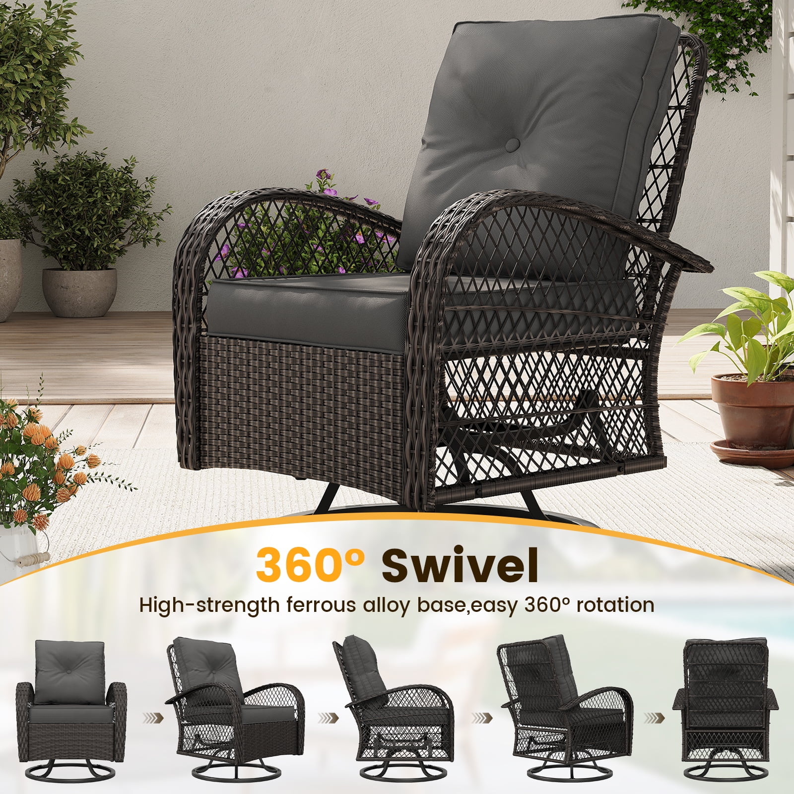 ELPOSUN 3 Pieces Patio Furniture Set, Outdoor Swivel Gliders Rocker, Wicker Patio Bistro Set with Rattan Rocking Chair, Glass Top Side Table and Thickened Cushions for Porch Deck Backyard