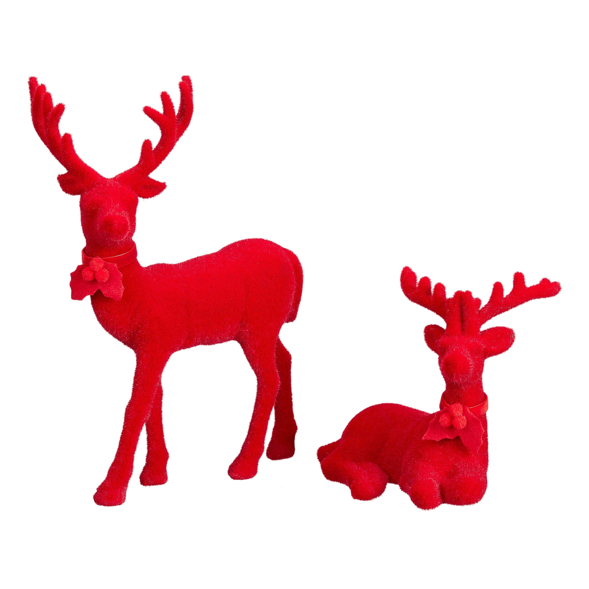Holiday Time Red Flocked Reindeer Table Top Christmas Decoration, Set of 2