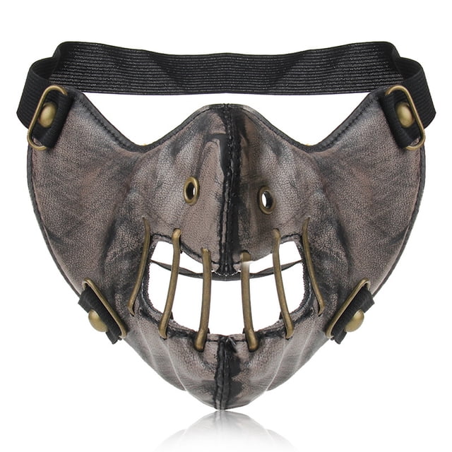 máscara bucal de cuero cosplay river half face máscara protectora deportiva punk (boca de barras de metal) blanco, vista frontal centrada de media máscara facial en blanco con costura central, cuatro barras metálicas sobre la abertura de la boca, ojales de ventilación y correas elásticas ajustables con hebillas; a menudo usada para cosplay y sesiones fotográficas.