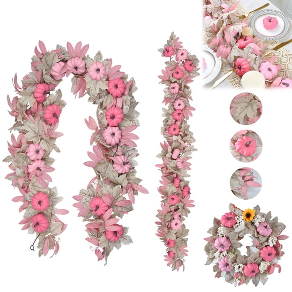 CY5O5ee Pink Pumpkins Fall Garland for Mantle 68.5Inch Pumpkin & Maple Boho Room Decor for Home Porch Fireplace Thanksgiving Table Centerpiece Outdoor Fall Decor