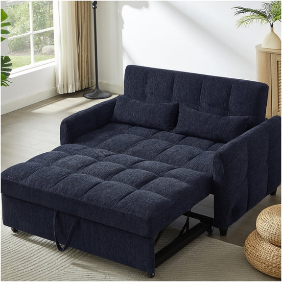 Blue Convertible Sofa Bed with USB Ports, Adjustable Backrest, and Lumbar Pillows for Modern Living Room