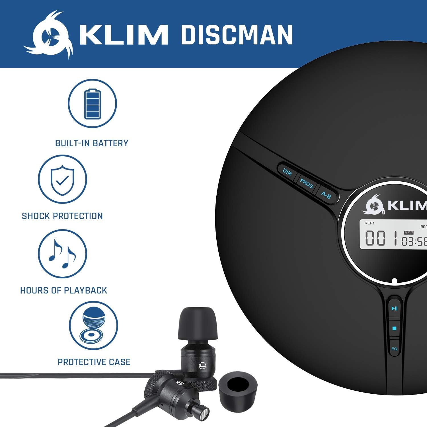 KLIM Discman Portable Compact CD Player with Built-in Battery, Includes Fusion Earphones.  MP3 CR-R/CD-RW Compatible, Black