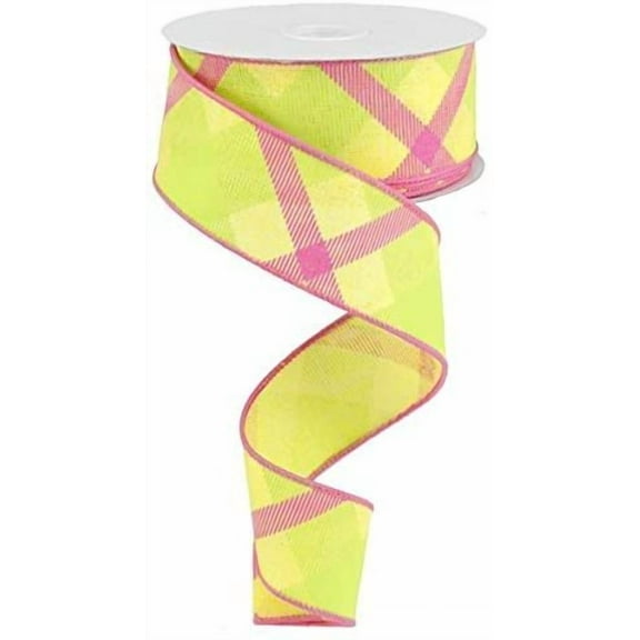 Plaid Canvas Wired Edge Ribbon, 10 Yards Yellow, Lime, Hot Pink, 1.5"