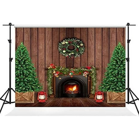 Image of 10×10ft Merry Christmas Backdrop Photography Christmas Tree Brown Wooden Xmas Fireplace Backdrop Studio Props for Christmas Party Decoration Picture