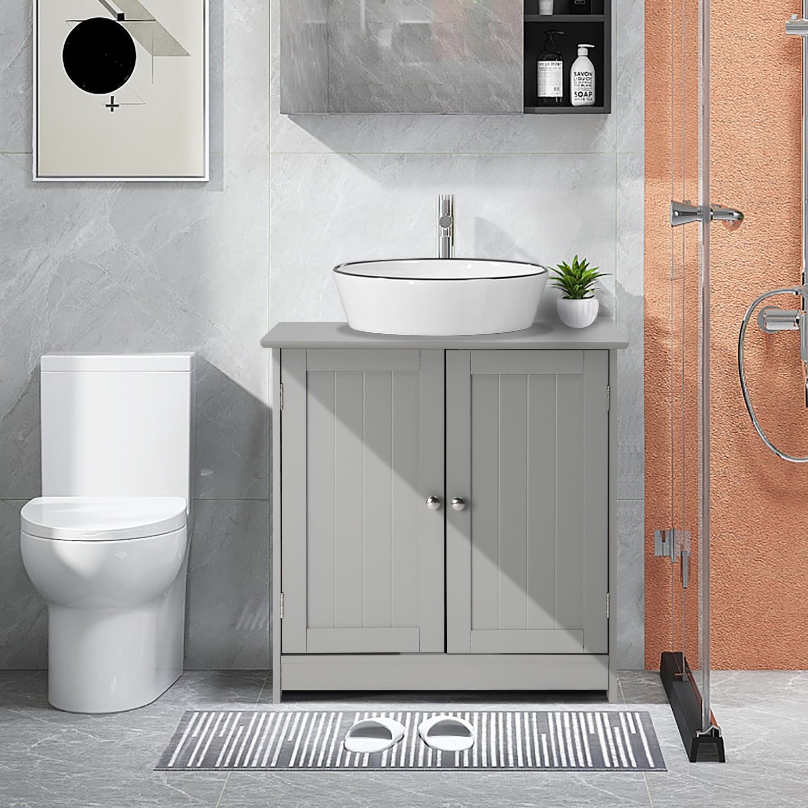 VINGLI Bathroom Sink Cabinet Gray Pedestal Sink Storage Vanity Organizer with 2 Doors Adjustable Shelf Small Under Sink Unit Space Saver 23.6" x 11.8"x 23.6"