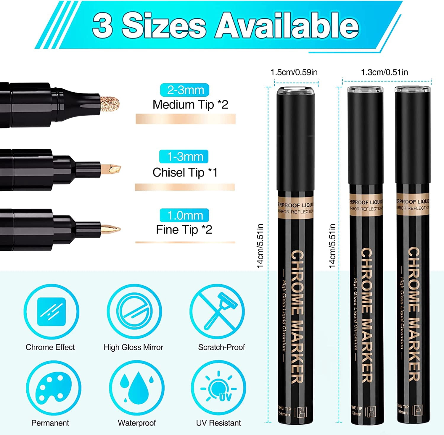 Copper Liquid Chrome Marker Set: 5pcs Oil- based Liquid Chrome Paint Pen, Permanent Reflective Chrome Touch Up Markers for Model Metal Plastic Glass Ceramic Cars Repair Tire DIY Art Craft(1-3mm)