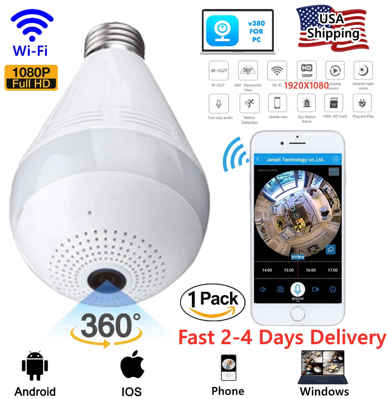1080P Light Bulb Camera 360 Degrees Panoramic Wireless Surveillance 2