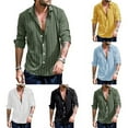 thumbnail image 4 of Mens Casual Loose Striped Shirt Long Sleeve Button Down Band Collar Shirt, 4 of 9