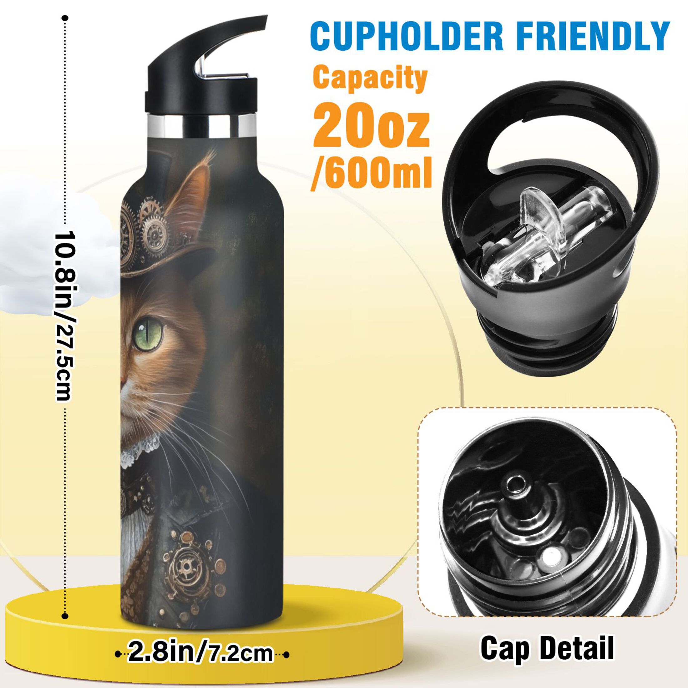 600ML Stainless Steel Insulated Cup Sports Water Bottle Portable Thermos Cup Water Glasses Insulated Tumblers Convenient and Durable Cat