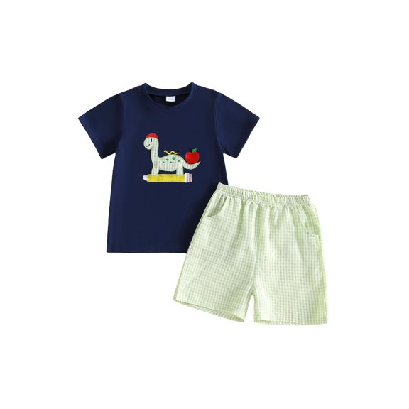 Cenuakty Baby Boy Back to School Outfits Short Sleeve Dino Embroidery T-Shirt Shorts Set Toddler Clothes