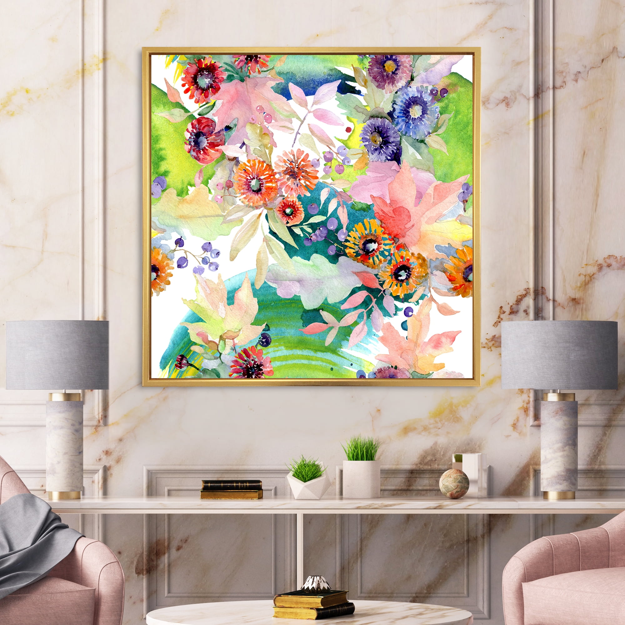 Wildflowers and Vibrant Wild Spring Leaves II 30 in x 30 in Framed Painting Canvas Art Print, by Designart