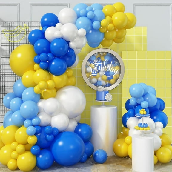 SKTMH 105Pcs Blue Yellow White Balloon Arch Royal Blue White Yellow Balloon Garland Arch Kit Yellow Blue Latex Balloons for Birthday Graduation Baby Shower Boys Party Decorations Anniversary Wedding