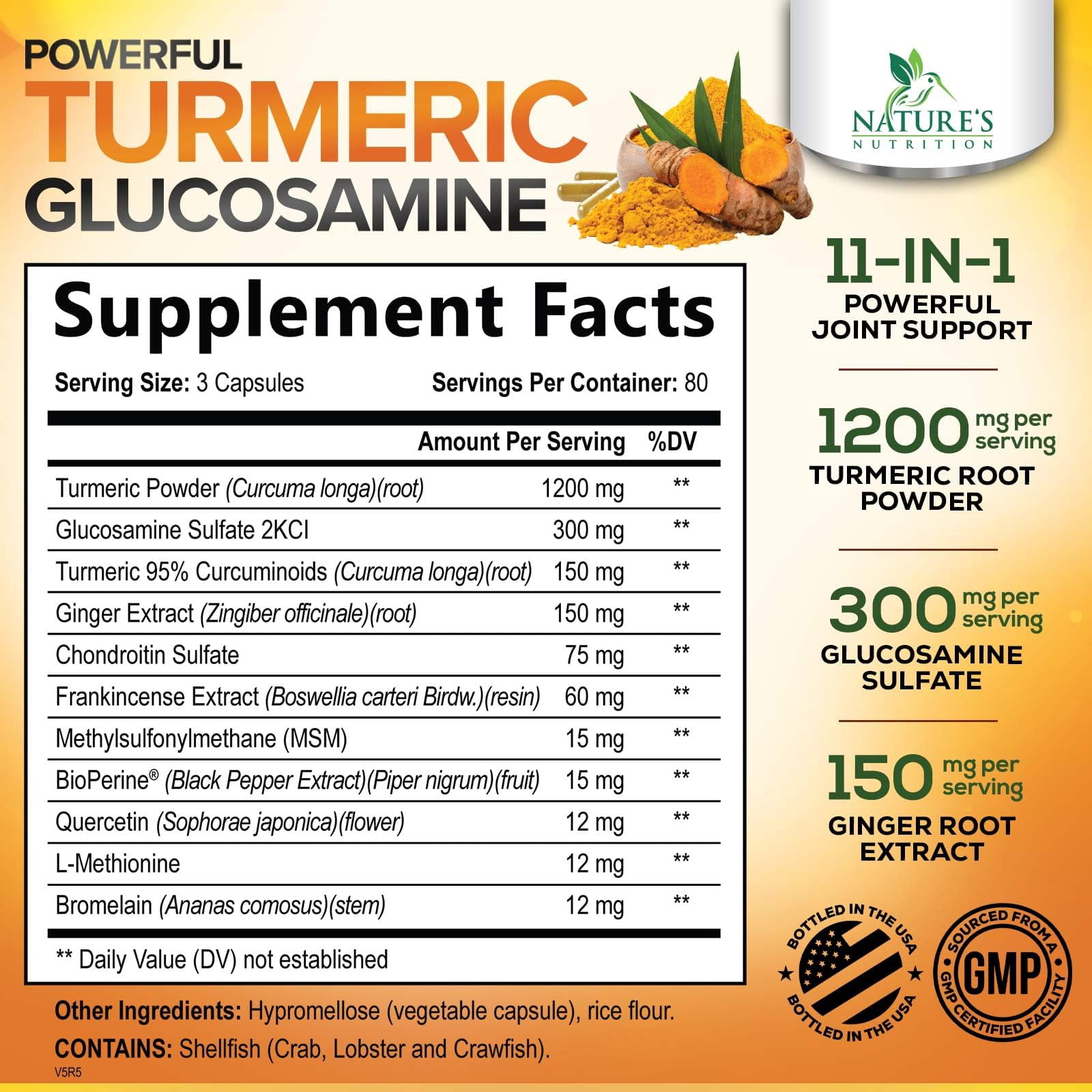 Turmeric Curcumin Supplement - 95% Curcuminoids with Glucosamine, Ginger & MSM, BioPerine Black Pepper Extract for Best Absorption, Natural Vegan Joint Support, Non-GMO, Bottled in USA - 240 Capsules