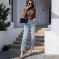 thumbnail image 4 of LWavelet Women High Waisted Cuffed Ankle Jeans Contrast Hem Washed Denim Pants Cropped Straight Leg Casual Jeans for Women Light Blue M, 4 of 5