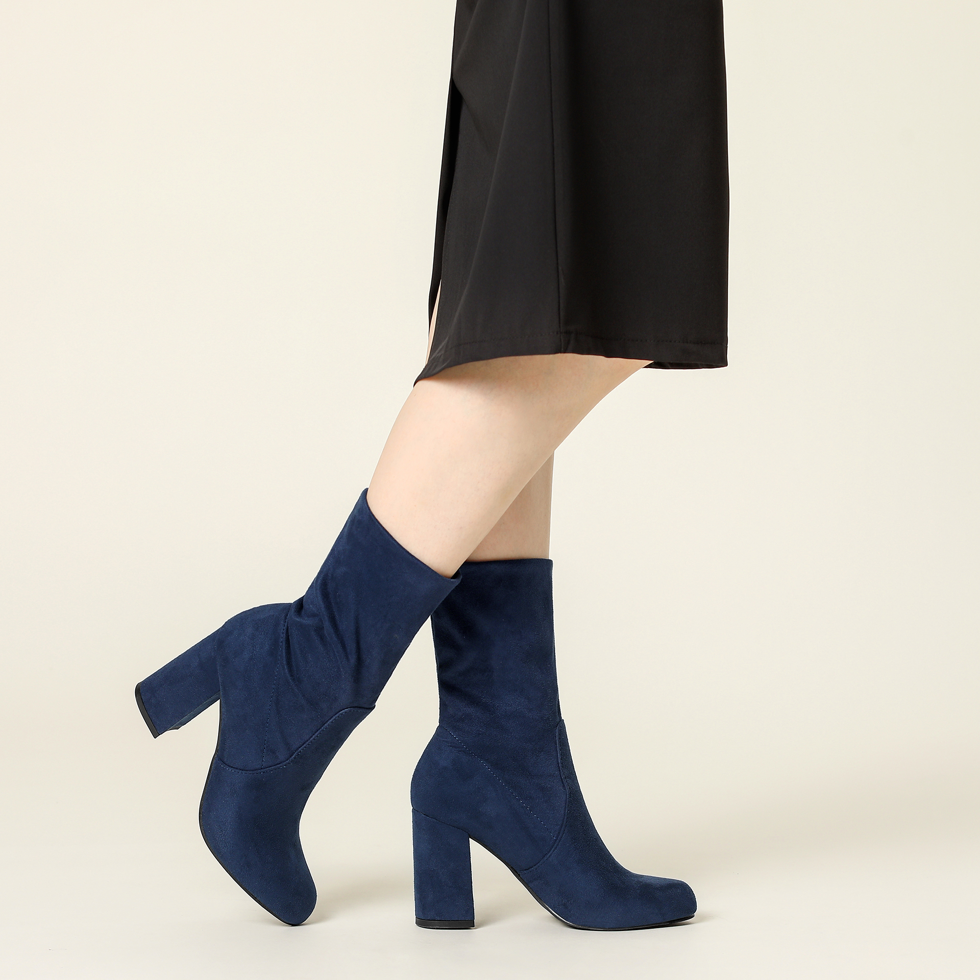 DARING DIVA Women's Rounded Toe Block Heeled Foldable Mid-Calf Boots Navy Blue US 9.5