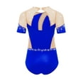 thumbnail image 2 of Rswnyirn Kids Girls Figure Skating Dance Leotard Rhinestones Short Sleeve Cutout Back Mesh Patchwork Blue 14, 2 of 5