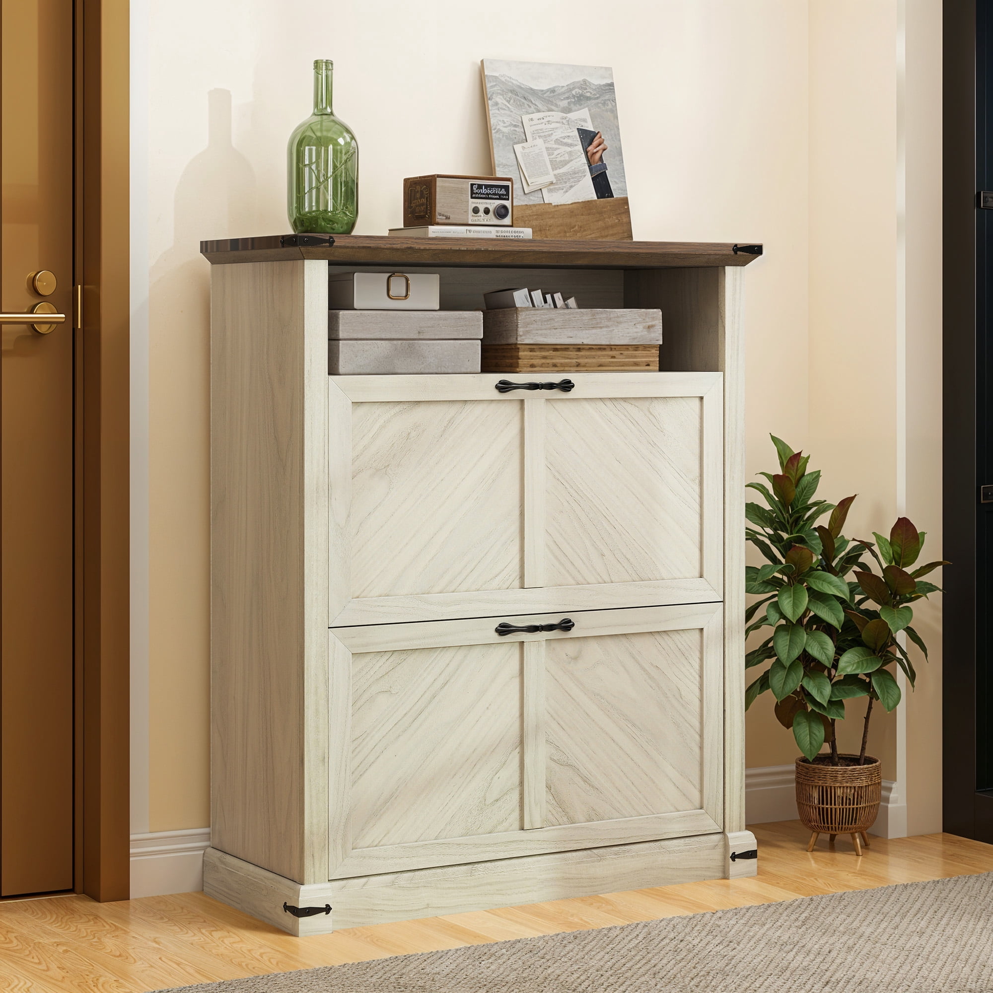 Uforic Shoe Cabinet with 2 Flip Drawers, Free Standing Shoe Racks Storage Cabinet ,Shoe Organizer Narrow Closet, Oak