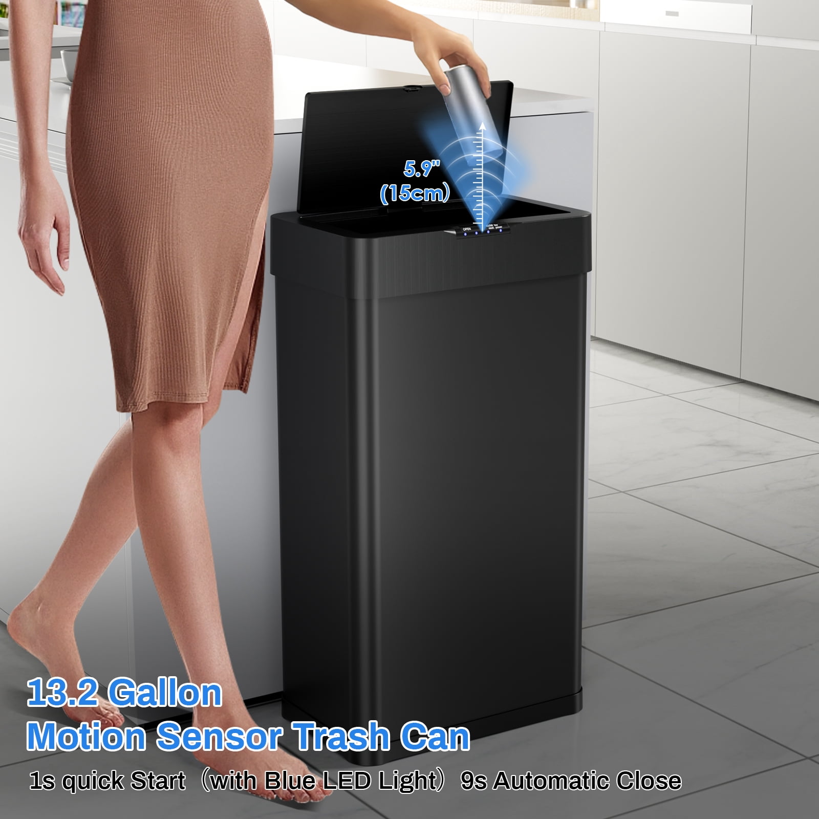 Arlopu 13.2 Gallon Motion Sensor Trash Can Automatic Stainless Steel Garbage Can with Soft-Close Lid