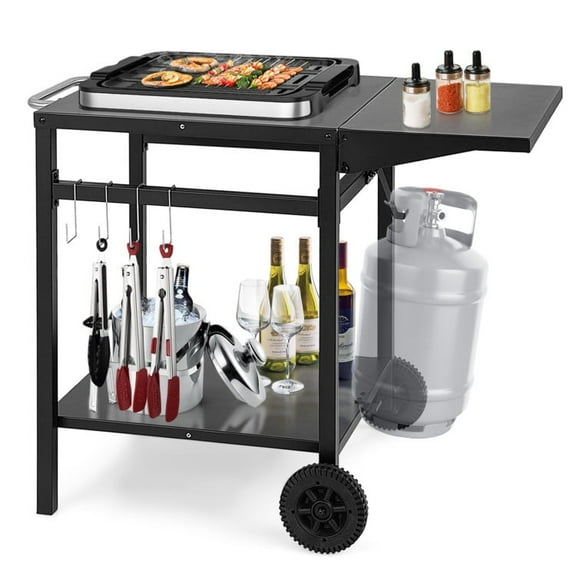 Spaco Movable Outdoor Grill Cart with Folding Tabletop and Hooks-Black, Grill Table for Outdoor Cooking