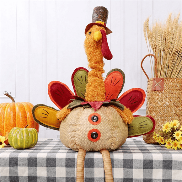 Thanksgiving Decoration Plush Turkey with Stretchable Head, Handmade Stuffed Sitting Turkeys Fall Decorations