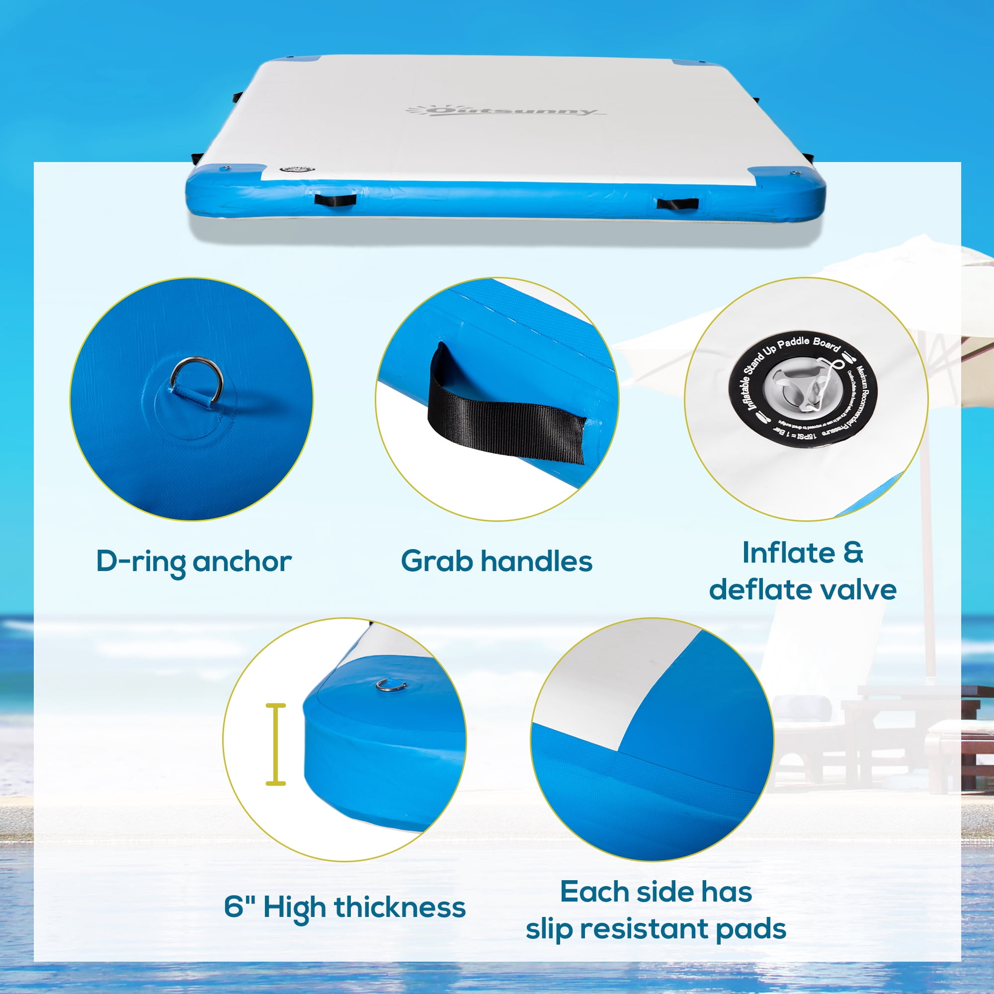 Outsunny 10' x 7' Water Inflatable Floating Dock, Inflatable Platform Island, Large Floating Mat Raft with Air Pump & Backpack, for Pool, Beach, Ocean, White