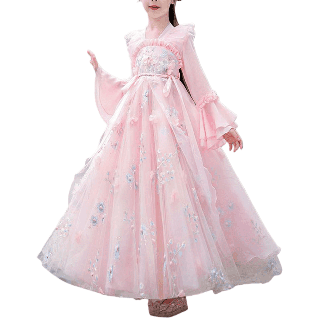 LYMAYTER Robe Hanfu pour Filles, Tout-Petits, Broderie Florale, Style Ancien, Costume de Performance 2-14 Ans