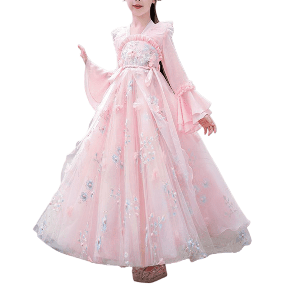 Esaierr 2-14Y Toddler Girls Hanfu Dress Kids Floral Embroidered Tulle Long Sleeve Ancient Princess Outfit
