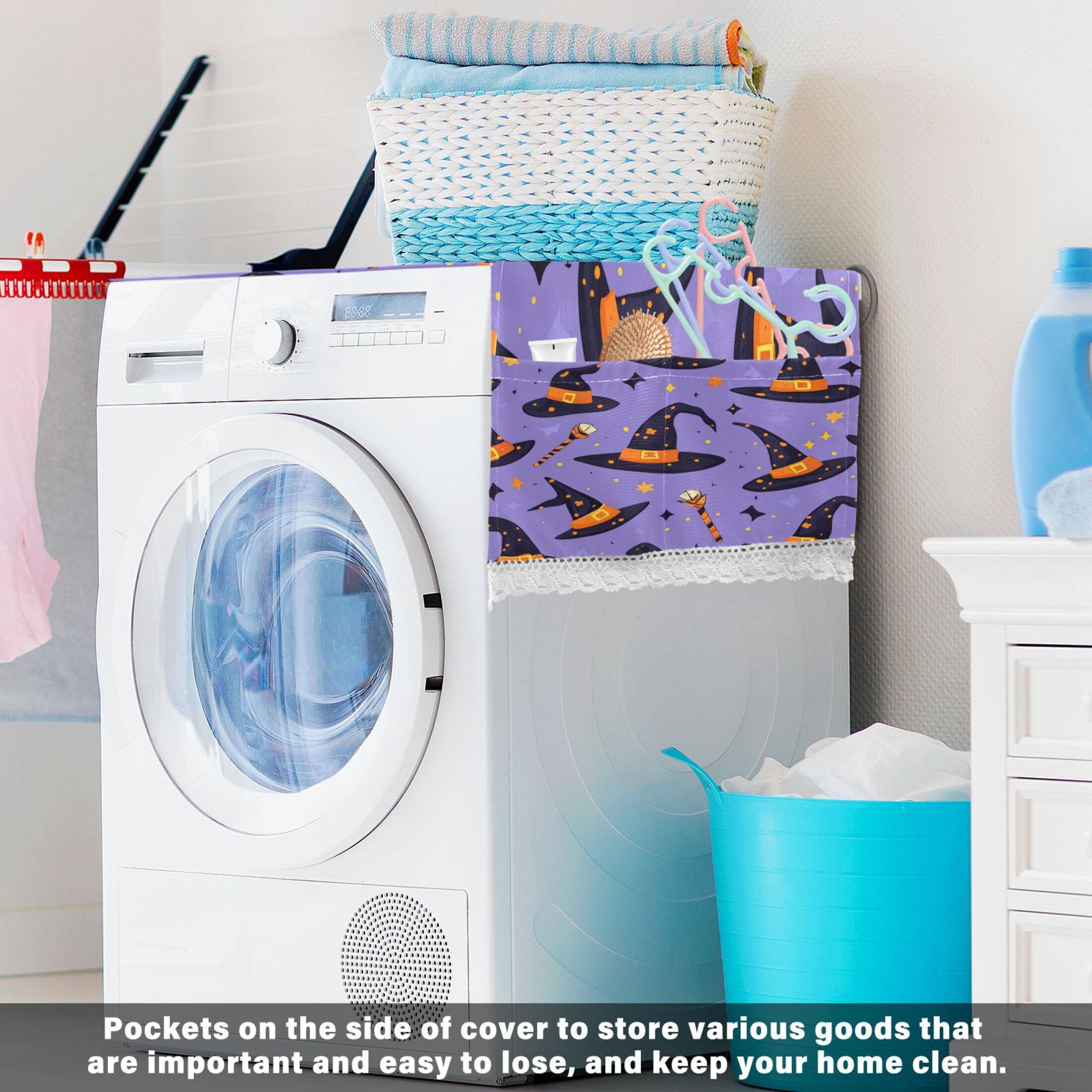 Halloween Magic HatWasher and Dryer Covers Dust-Proof and Oil Resistant Fridge Cover with 4 Storage Pockets Washing Machine Top Cover for Laundry Kitchen Home 51.2 x 22 In