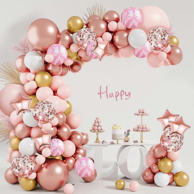 Kit de arco de guirnalda de globos de oro rosa, 129 piezas de globos de látex con confeti de oro rosa, rosa, blanco y dorado para baby shower, boda, cumpleaños, graduación