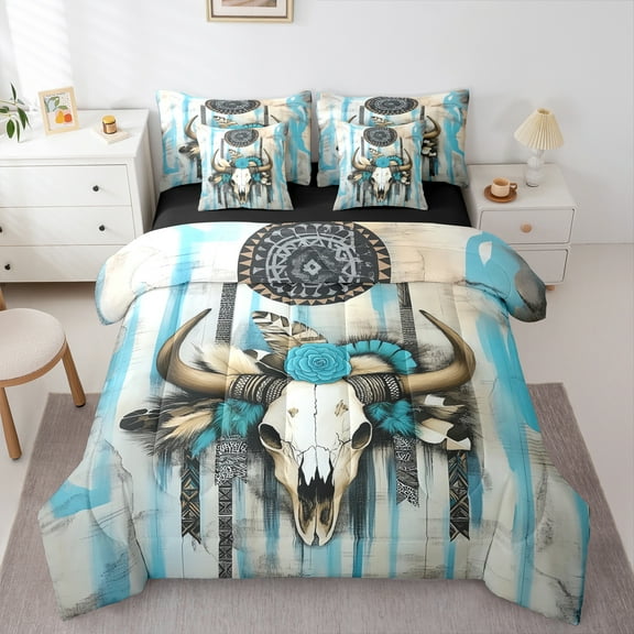 Manfei Tribal Sheep Skeleton Twin Bedding Sets 7-Piece, Western Aztec Geometric Bedding Comforter Set, Rustic Farmhouse Reversible Sheet Sets, Super Cozy Room Decor