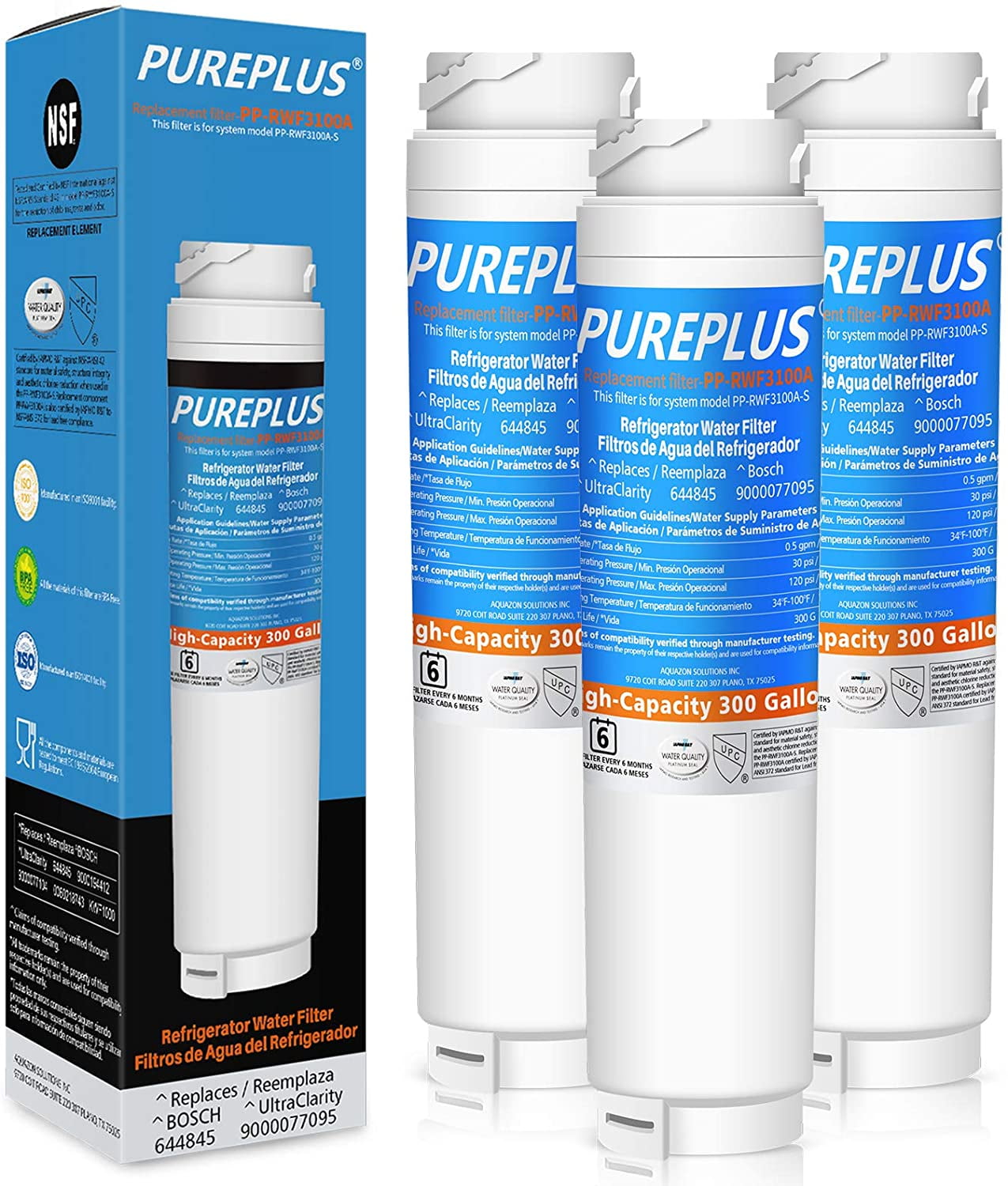 PUREPLUS 9000194412 Refrigerator Water Filter Replacement for Bosch Ultra Clarity 9000194412, 644845, 9000077104, B26FT70SNS, B22CS30SNS, B22CS80SNS, B22CS50SNS, Haier 0060820860, 0060218744, 3PACK