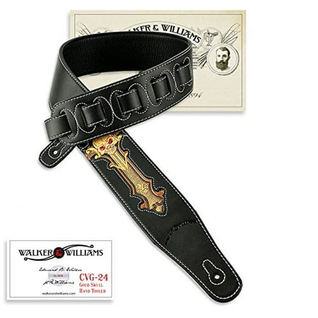 Designer Guitar Strap Skulls Design - Walker & Williams CVG-24 Black & Gold Guitar Strap Hand Tooled Skull Design