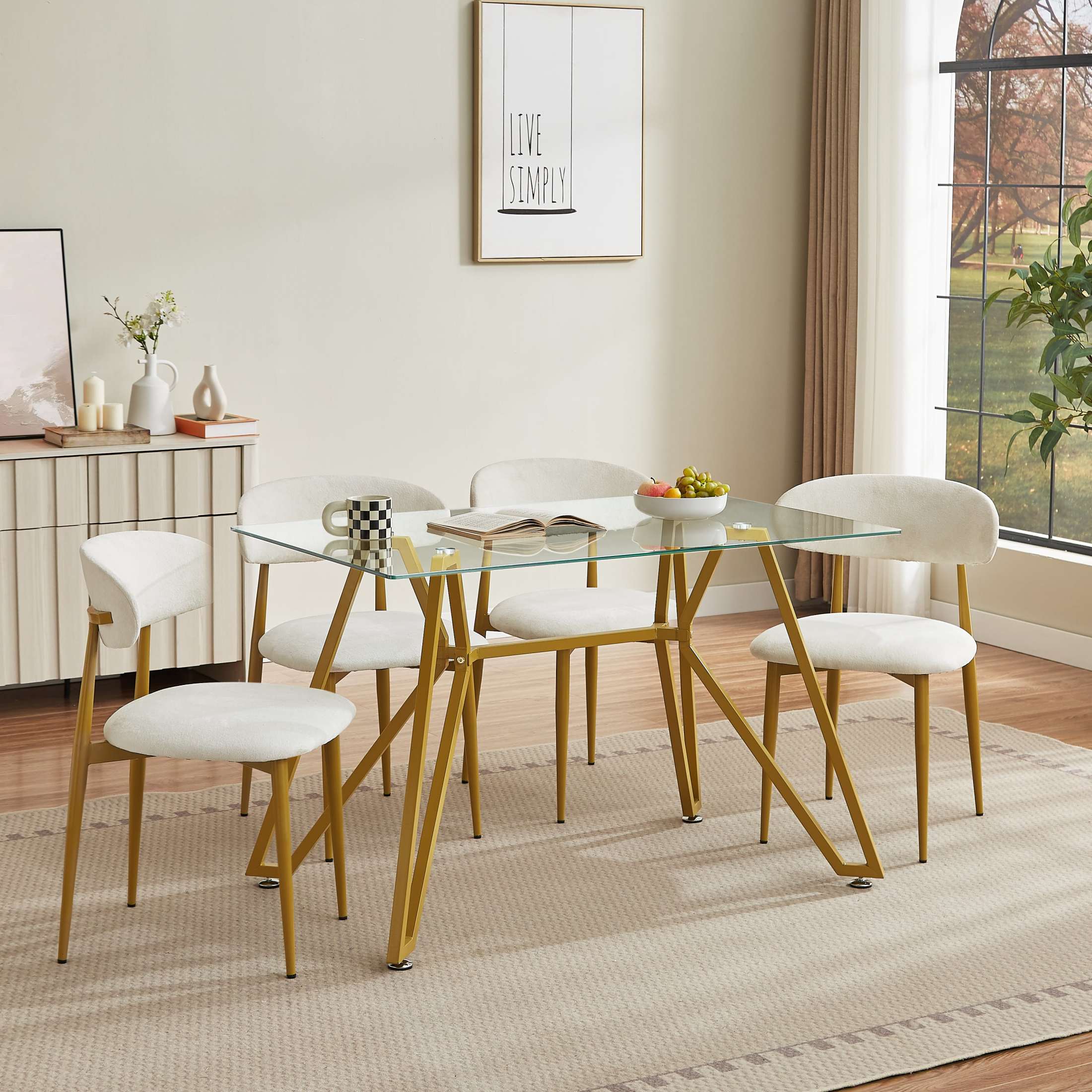 Noble House 47.3" Rectangle Dining Table, Small Modern Kitchen Table with Tempered Glas, Dining Room Furniture, Gold