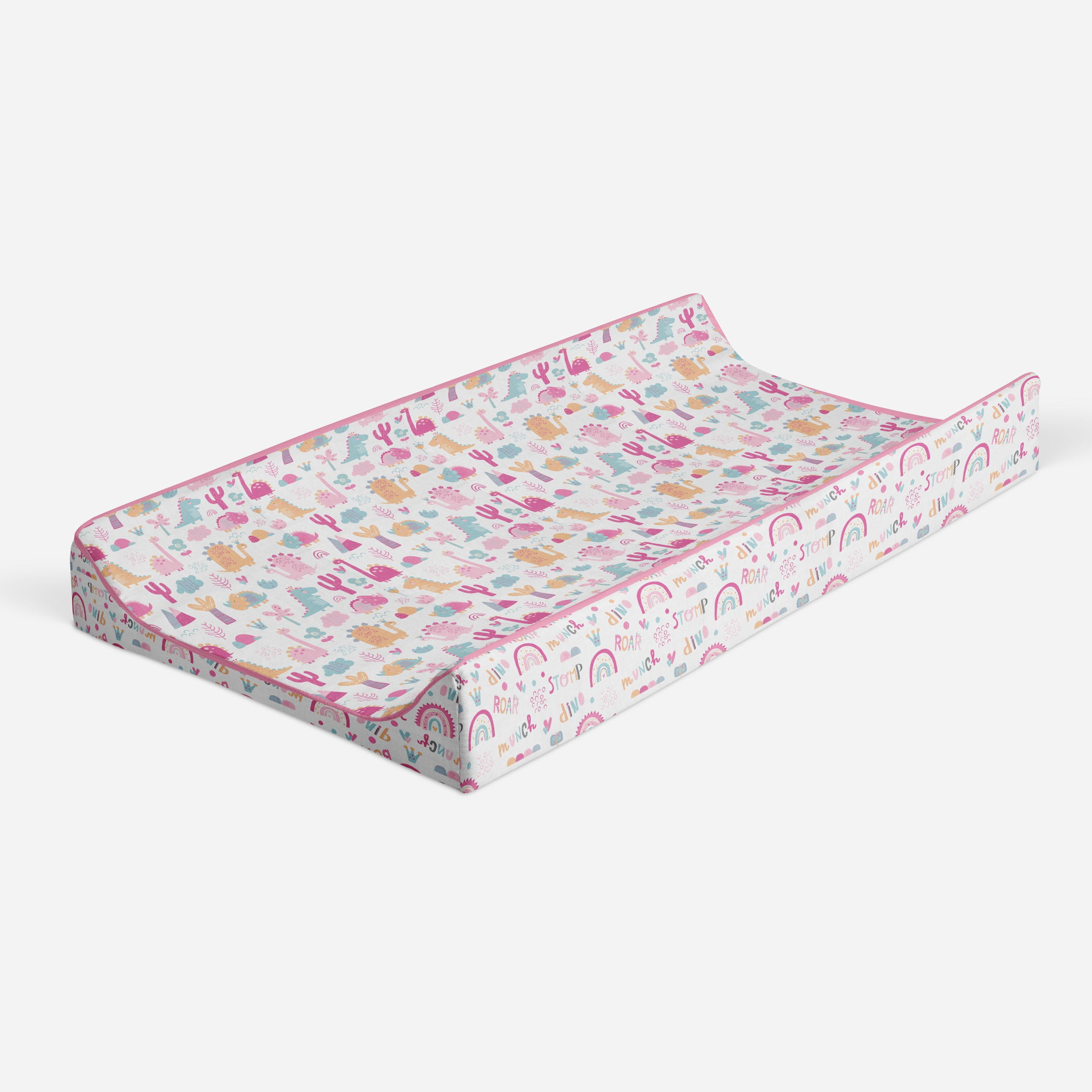 Bacati - Muslin Quilted Changing Pad Cover, Little Dino Girls Pink/Fuchsia/Aqua/Orange