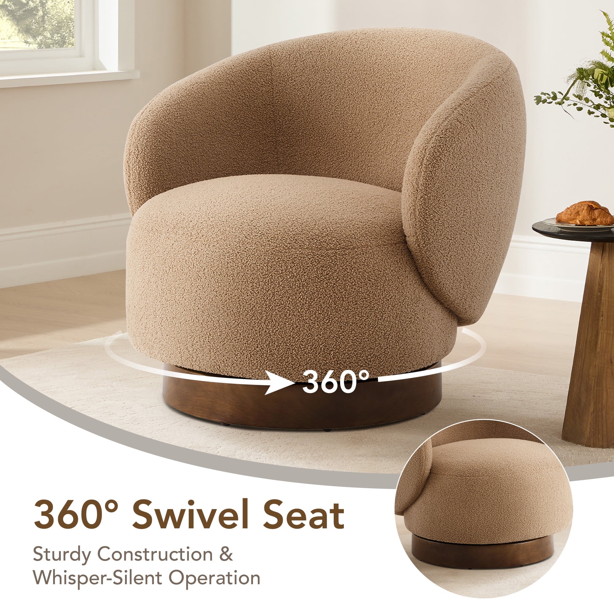 Spruce & Spring Upholstered Swivel Accent Chair with Curved Back Single, Khaki