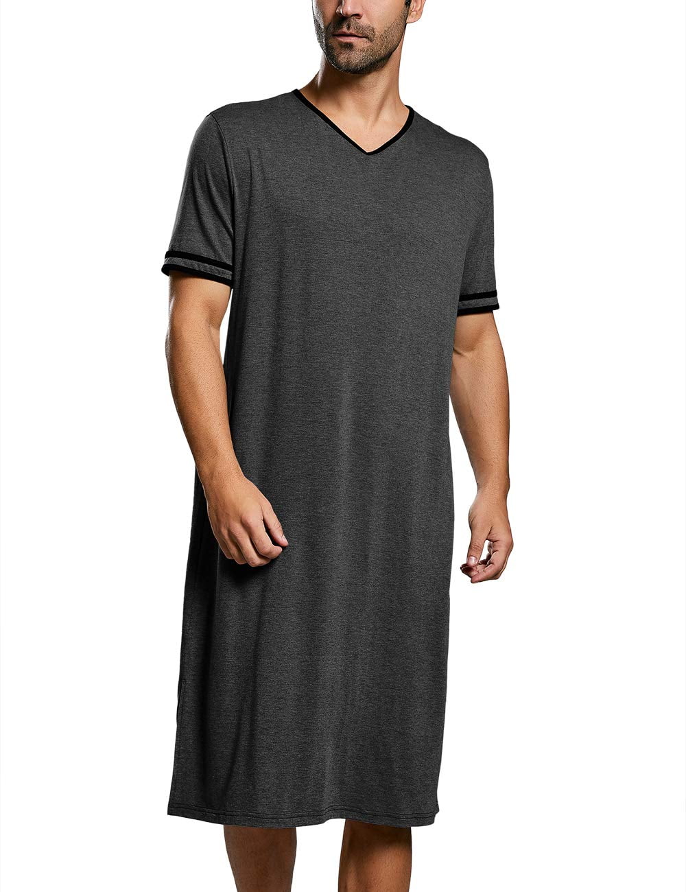 Men Nightshirt Satin Nightwear Comfy V Neck Short Sleeve Loose Pajama Sleepwear