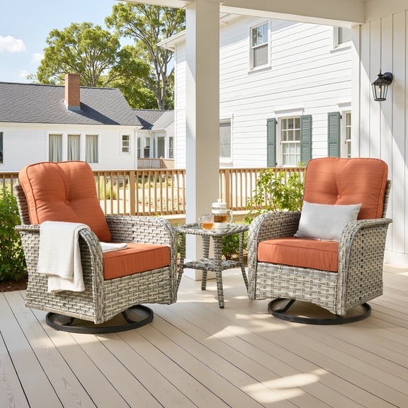 Vcatnet 3 Pieces Outdoor Patio Furniture Wicker Swivel Rocking Chair Swivel Rocker Patio Chairs Set of 2 with Side Table for Porch, Backyard, Orange Red