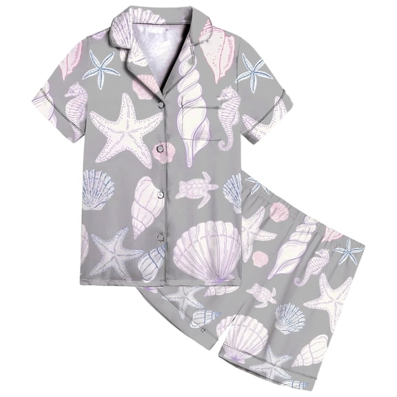 CAIVO Child Girls Satin Outfit Sets Ocean Sea Print Button Down Lapel Short Sleeve Summer Shirt Tops Shorts Comfortable Kids Soft Wear Casual Outfit Toddler To Teen Lovely Clothes Sets
