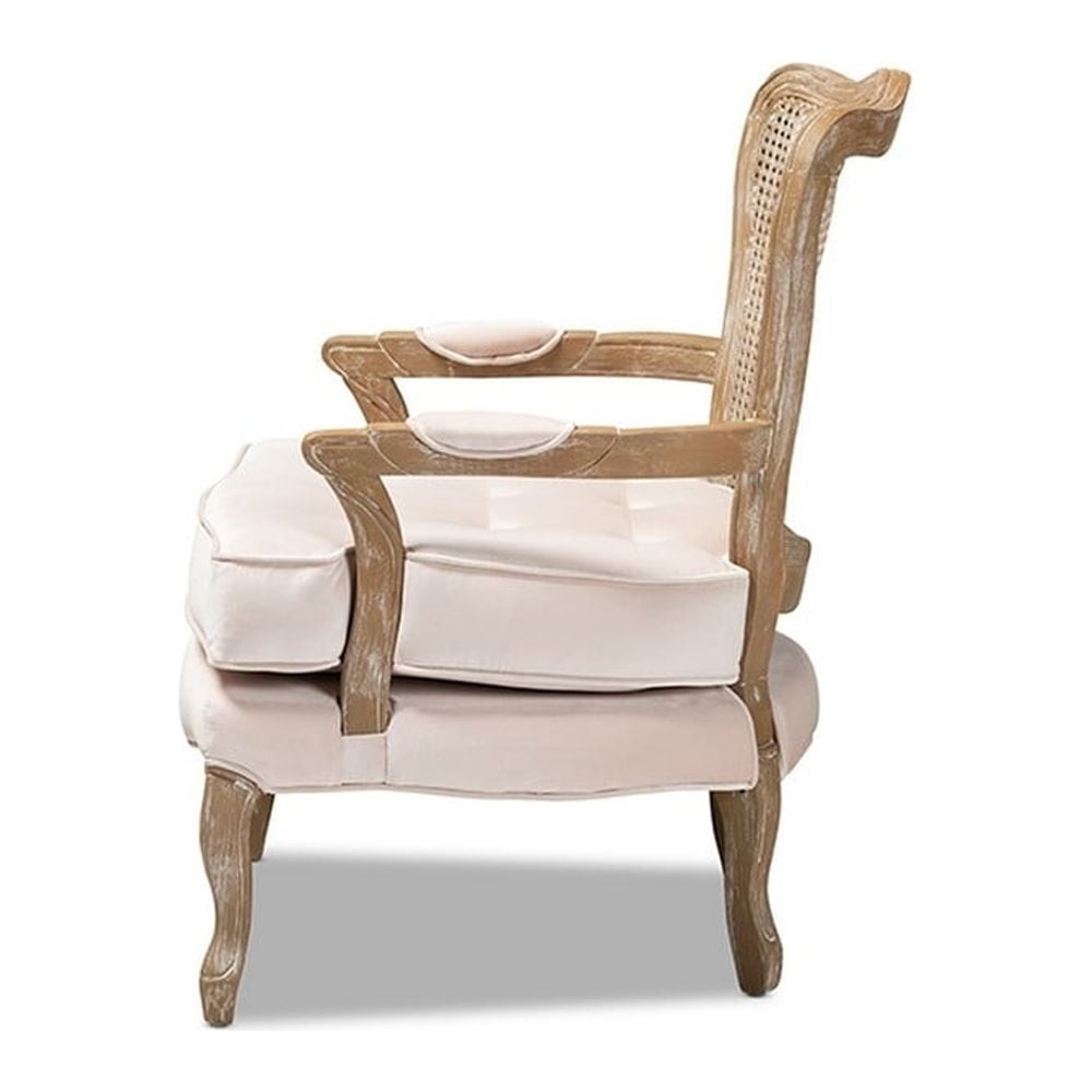 Baxton Studio Vallea Traditional French Provincial Light Beige Velvet Fabric Upholstered White-Washed Oak Wood Armchair