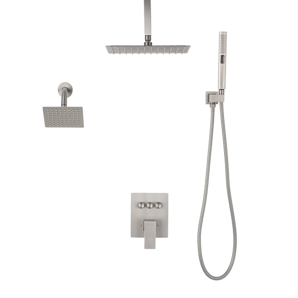 KFFKFF Shower Faucet Set, 10 Inch Ceiling Mount Rainfall Shower System with 6 Inch Wall Mount Head and 2 in 1 Handheld Spray, Brushed Nickel