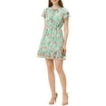 thumbnail image 1 of Vestido de gasa floral A-line con volantes y mangas de volantes para mujer, con cuello en V y lazo, por encima de la rodilla, color verde, 1 of 7