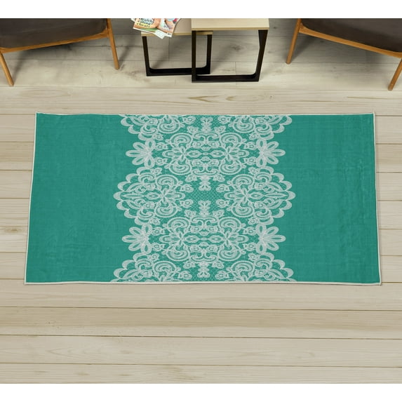 Lace Decorative Rug, Needlework Ornamental Style Vintage Wedding Bridal Theme Illustration, Quality Carpet for Bedroom Dorm and Living Room, 6 Sizes, Shamrock Green, by Ambesonne