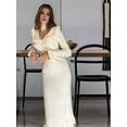 thumbnail image 4 of Womens Elegant Trendy Long Sleeve V Neck Maxi Dresses Flowy Pleated Formal Dresses with Belt White S, 4 of 8