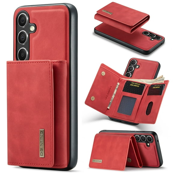 Allytech 2 in 1 Detachable Wallet Case for Samsung Galaxy S24 with Cash Pocket & Cash Slots, [Full Body Protection] [Magnetic Clasp] Luxury PU Leather Shockproof Slim Kickstand Case - Red