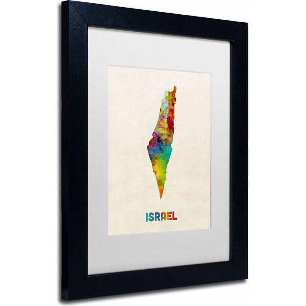 Trademark Fine Art "Israel Watercolor Map" Canvas Art by Michael Tompsett, White Matte, Black Frame