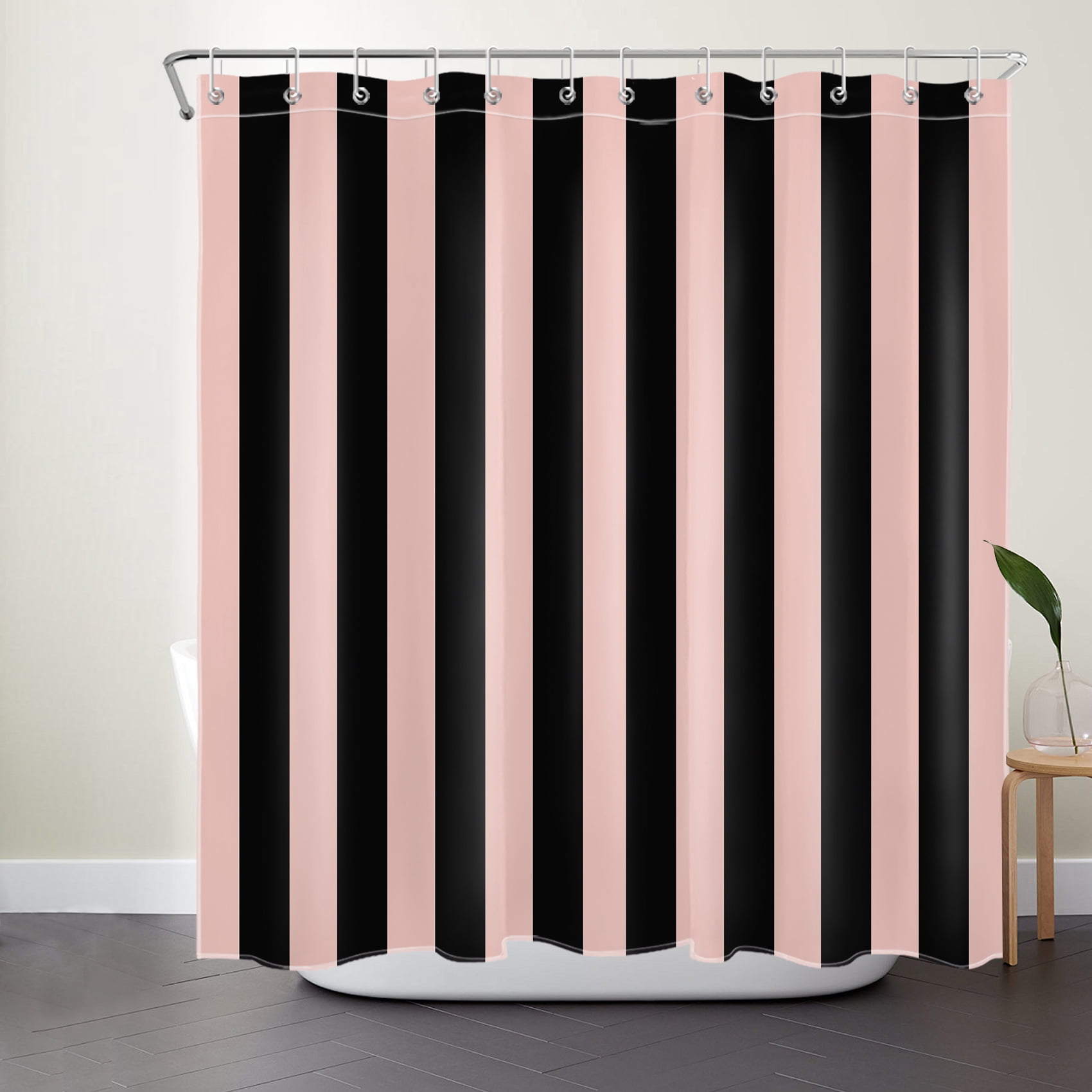 NEONWE Black and Pink Striped Shower Curtain, Modern Watercolor Stripe Waterproof Bathroom Shower Curtain with Hooks, Machine Washable, 72" x 72"
